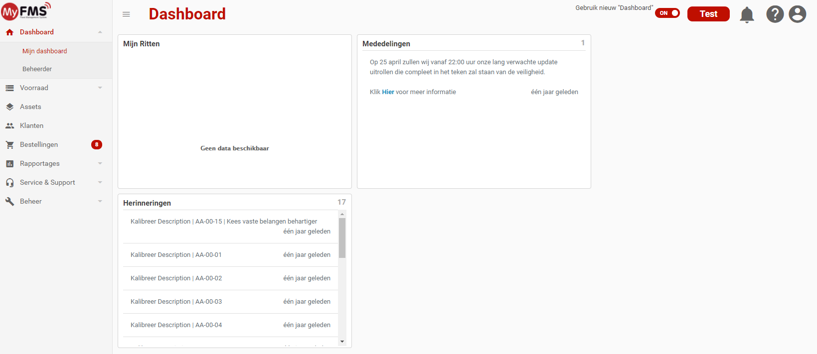 Beeld: Homescreen met Menu (links, kan afwijken afhankelijk van de rechten) en Dashboard (midden van scherm)